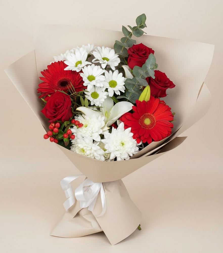 Букет цветов из: Розы, Хризантемы, Герберы и Лилии в Мескер-Юрте