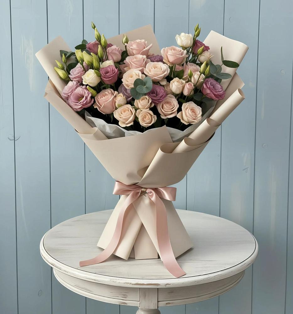 Букет цветов из: Розы и Лизиантусы в Мескер-Юрте