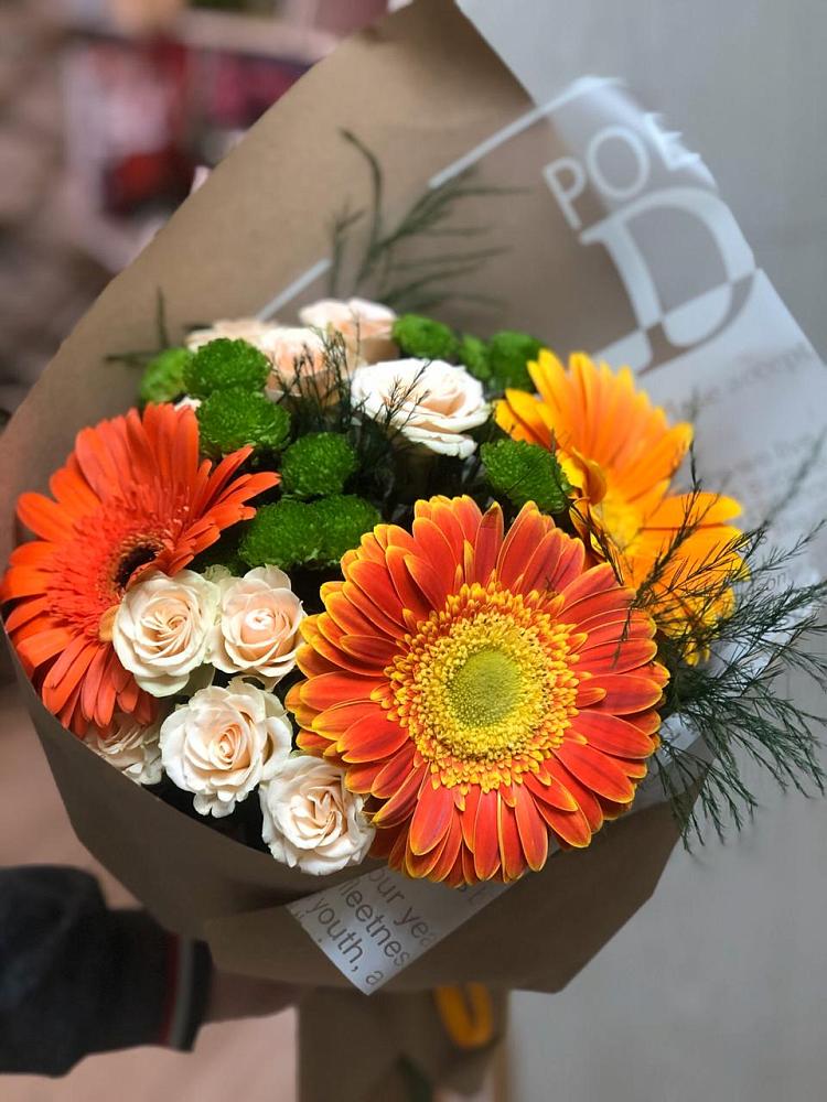 Букет цветов из: Герберы, Хризантемы и Розы в Мескер-Юрте