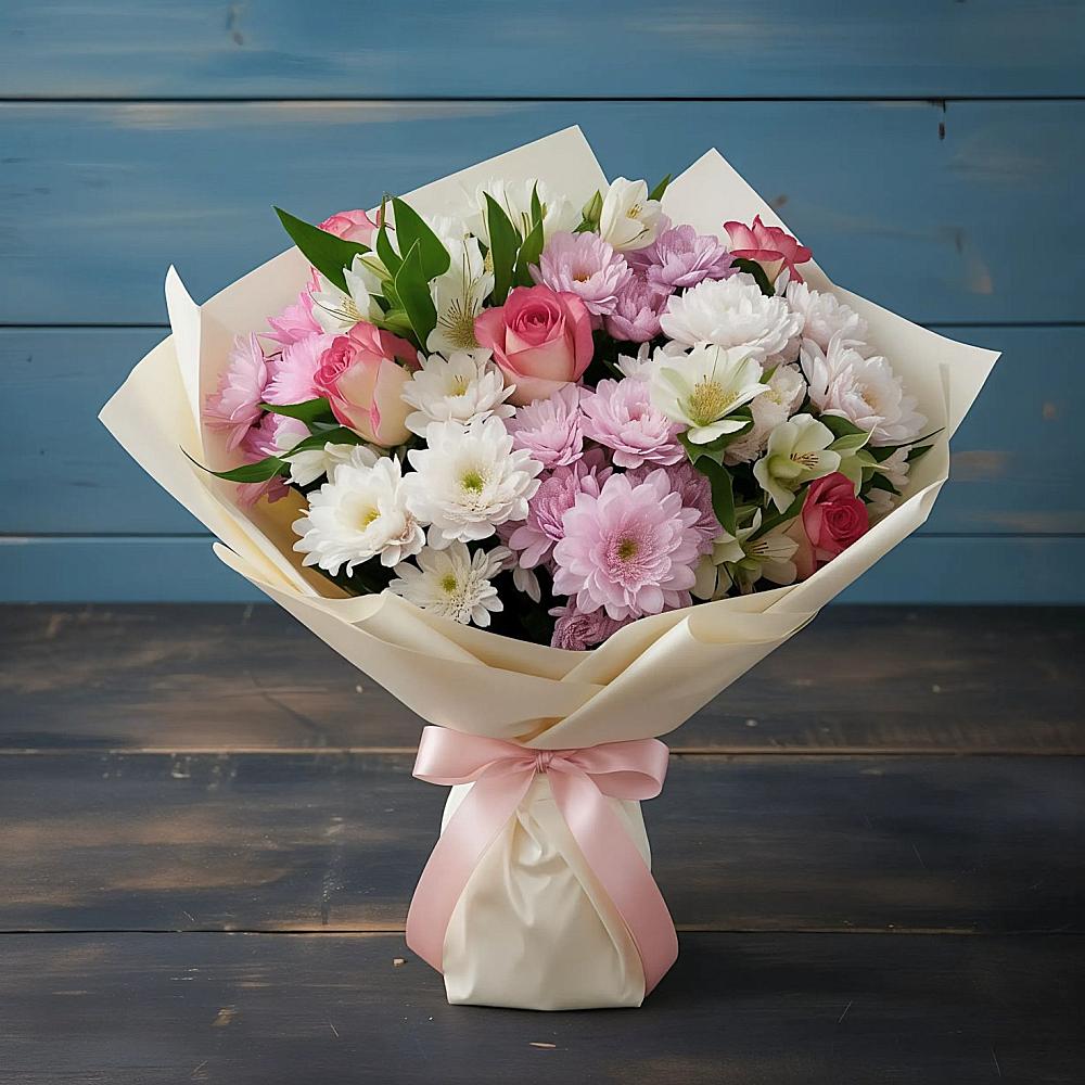 Букет цветов из: Хризантемы, Альстромерии и Розы в Мескер-Юрте